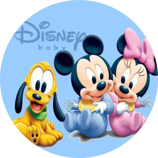 Kulatý jedlý obrázek na dort – Mickey a Minnie, Baby Mickey s Plutem (modrá, žlutá, růžová)