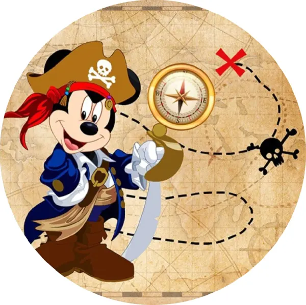 Kulatý jedlý obrázek na dort – Mickey Mouse, Pirát (hnědá, modrá, červená)