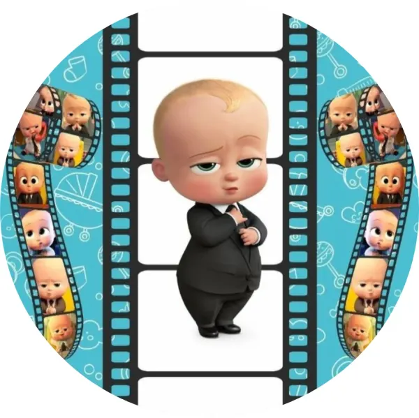 Kulatý jedlý obrázek na dort – Mimi šéf, filmový pás s chrastítky (tyrkysová, černá, bílá)