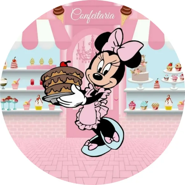 Kulatý jedlý obrázek na dort – Minnie, v cukrárně s čokoládovým dortem (růžová, černá, hnědá)