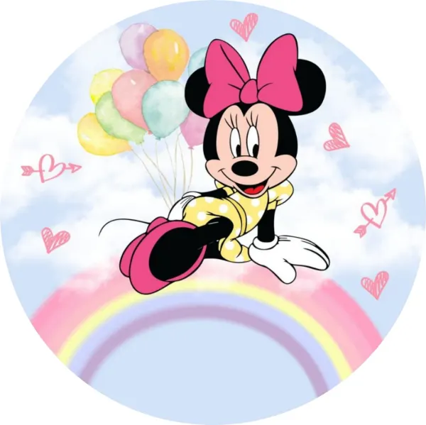 Kulatý jedlý obrázek na dort – Minnie, na duze s pastelovými balónky (růžová, modrá, žlutá)