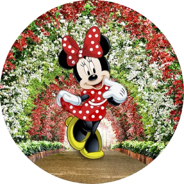 Kulatý jedlý obrázek na dort – Minnie, v květinovém oblouku (červená, zelená, bílá)