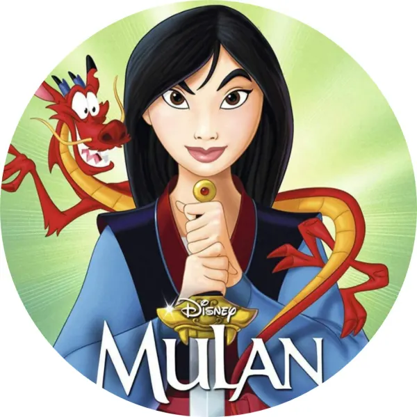Kulatý jedlý obrázek na dort – Mulan, s mečem a drakem Mushu (zelená, červená, modrá)