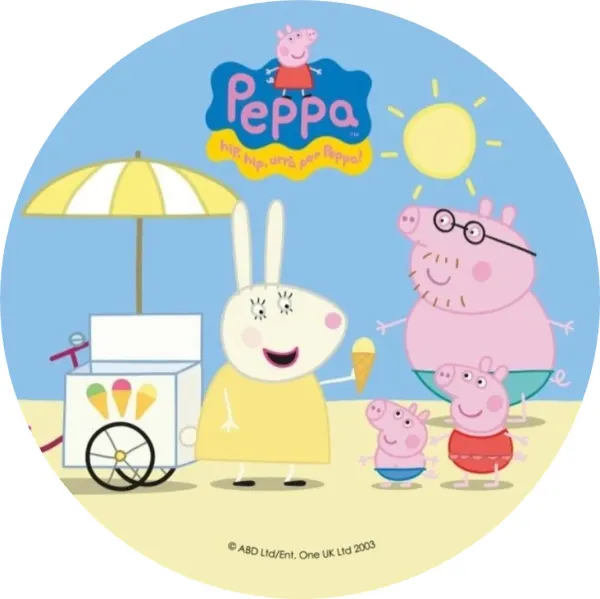 Kulatý jedlý obrázek na dort – Prasátko Peppa, rodinka na pláži se zmrzlinou (modrá, žlutá, růžová)
