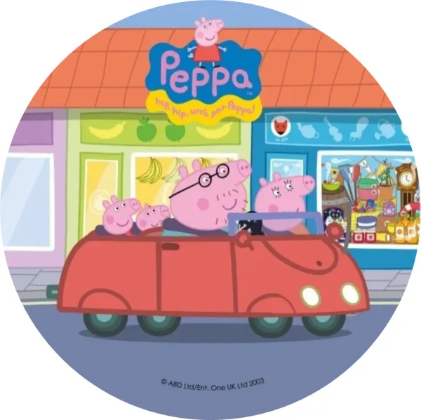 Kulatý jedlý obrázek na dort – Prasátko Peppa, rodina v červeném autě (červená, modrá, růžová)