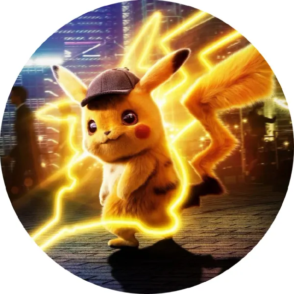 Kulatý jedlý obrázek na dort – Pokémon, Detektiv Pikachu s blesky (žlutá, modrá, hnědá)