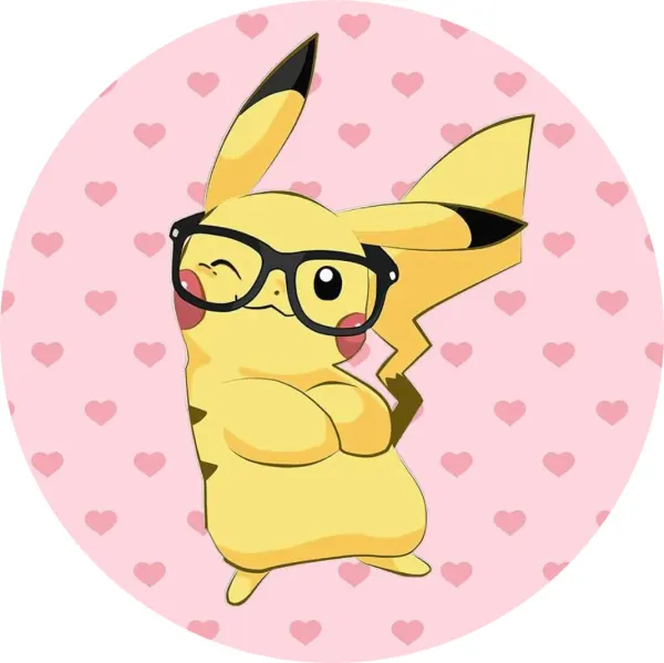 Kulatý jedlý obrázek na dort – Pokémon, Pikachu s brýlemi a srdíčky (žlutá, růžová, černá)