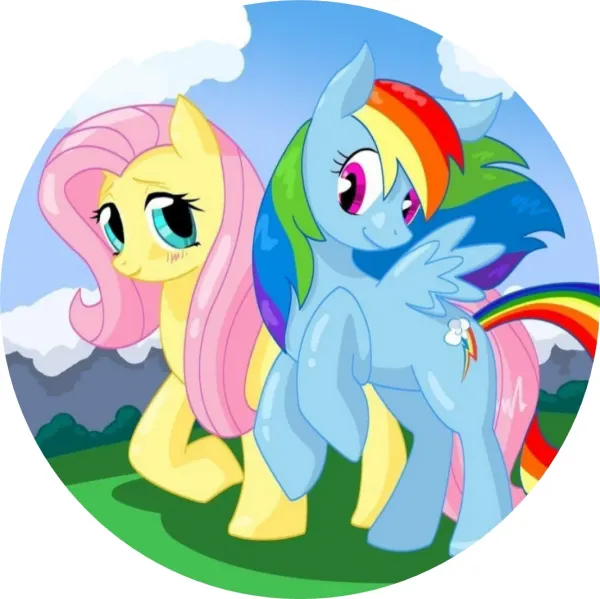 Kulatý jedlý obrázek na dort – Můj malý pony, Rainbow Dash a Fluttershy (modrá, žlutá, růžová)