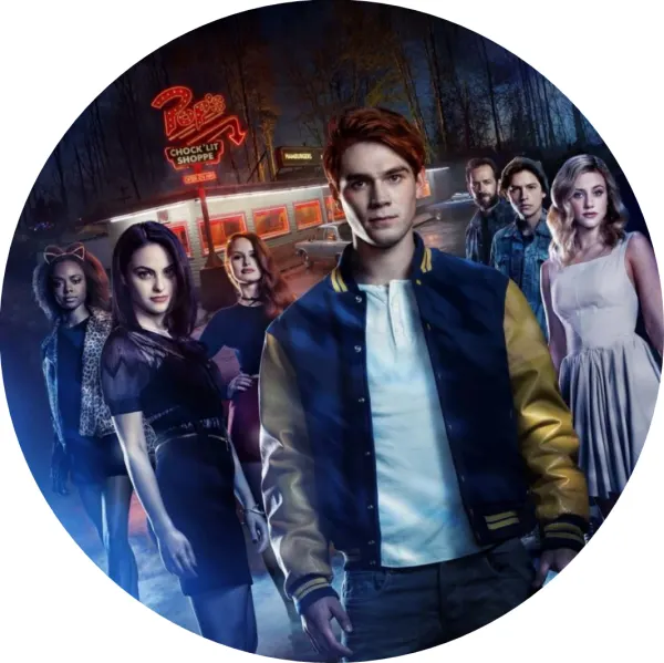 Kulatý jedlý obrázek na dort – Riverdale, hrdinové a neonové bistro Pop's (černá, modrá, červená)