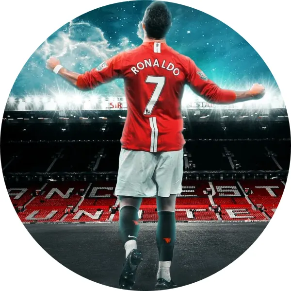 Kulatý jedlý obrázek na dort – Ronaldo, Manchester United: Pohled zezadu (červená, modrá, bílá)
