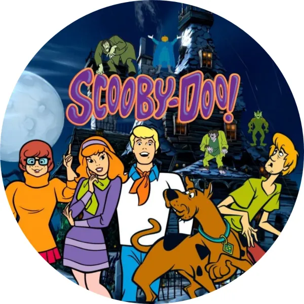 Kulatý jedlý obrázek na dort – Scooby Doo, parta u strašidelného domu (modrá, fialová, zelená)