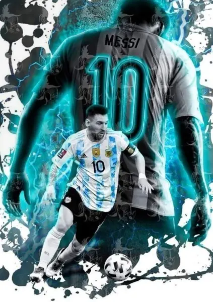 Obdélníkový jedlý obrázek na dort – Lionel Messi, modrobílý dres a neonové blesky (modrá, tyrkysová, bílá)
