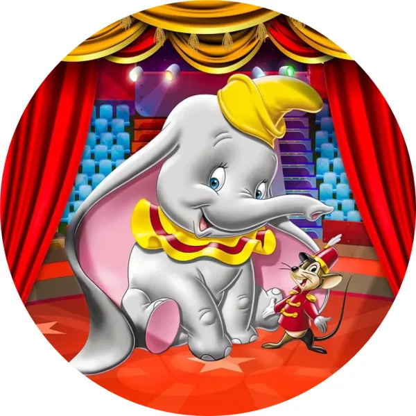 Kulatý jedlý obrázek na dort – Slůně, cirkus (červená, žlutá, šedá)