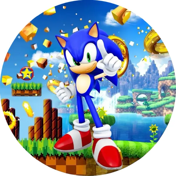 Kulatý jedlý obrázek na dort – Sonic, Green Hill Zone a pixelový svět (modrá, zelená, žlutá)