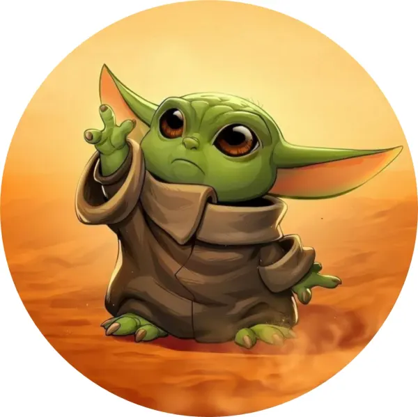 Kulatý jedlý obrázek na dort – Star Wars, Grogu v písku používající Sílu (žlutá, hnědá, zelená)