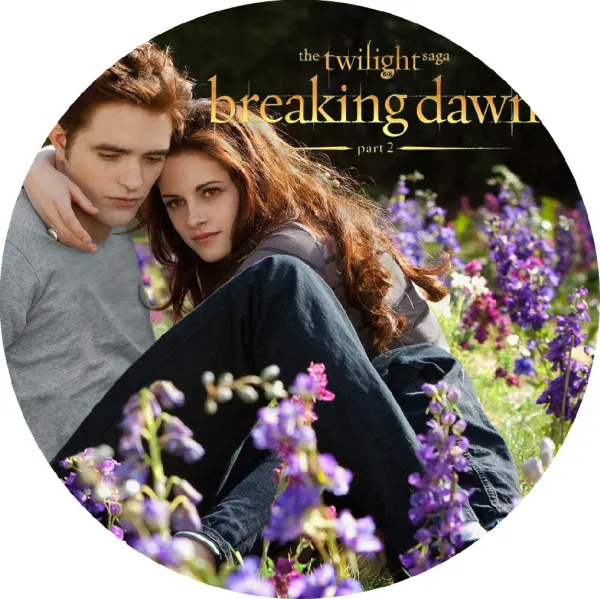 Kulatý jedlý obrázek na dort – Stmívání, Edward a Bella na louce s logem (fialová, zelená, černá)
