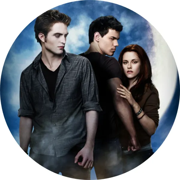 Kulatý jedlý obrázek na dort – Stmívání, Edward, Bella a Jacob s měsícem (modrá, černá, šedá)