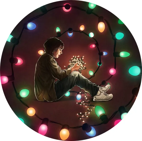 Kulatý jedlý obrázek na dort – Stranger Things, postava se spirálou žárovek (černá, růžová, modrá)