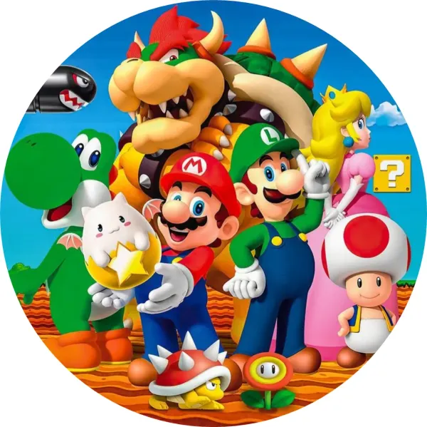 Kulatý jedlý obrázek na dort – Super Mario, parta hrdinů a Bowser na obloze (modrá, červená, zelená)