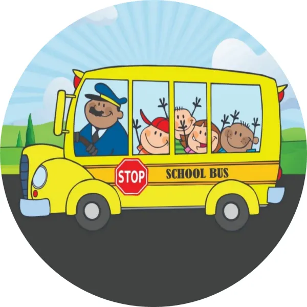 Kulatý jedlý obrázek na dort – Školní autobus (žlutá, modrá, zelená)
