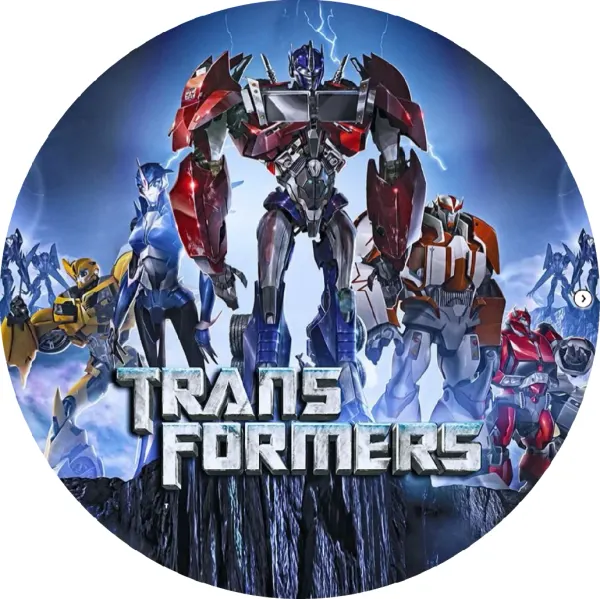 Kulatý jedlý obrázek na dort – Transformers, Optimus Prime, Bumblebee a blesky (modrá, červená, šedá)