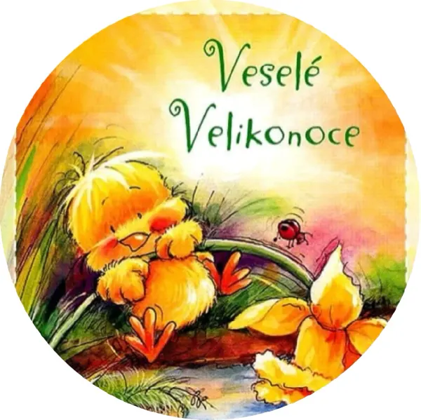 Kulatý jedlý obrázek na dort – Veselé Velikonoce (žlutá, zelená)