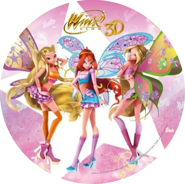 Kulatý jedlý obrázek na dort – Winx, Bloom, Stella a Flora ve 3D (růžová, modrá, fialová)