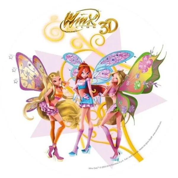 Kulatý jedlý obrázek na dort – Winx, 3D víly s Bloom a růžovou hvězdou (růžová, fialová, žlutá)