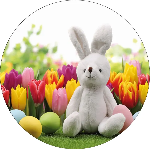 Kulatý jedlý obrázek na dort – Velikonoční zajíček, bílý králíček s tulipány (bílá, zelená, žlutá)