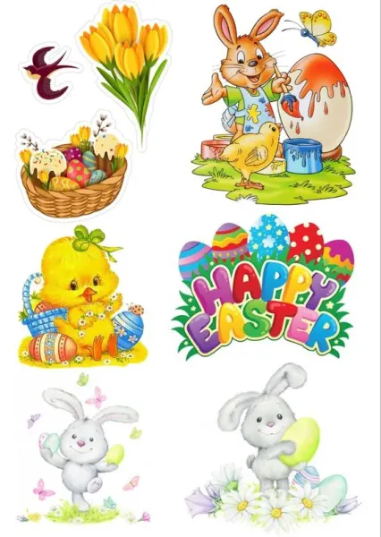 Obdélníkový jedlý papír k výřezu – Velikonoční výřez, zajíčci a Happy Easter (žlutá, zelená, červená)