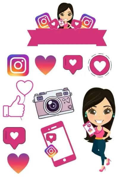 Obdélníkový jedlý papír k výřezu – Sociální sítě, dívka, fotoaparát a banner (růžová, fialová, bílá)