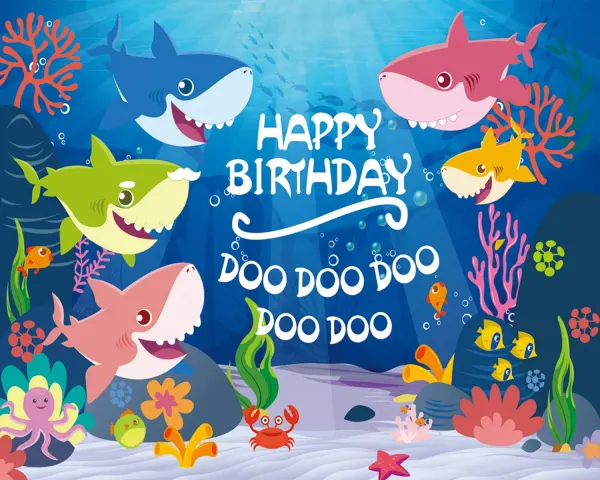 Obdélníkový jedlý obrázek na dort – Baby Shark, Happy Birthday (modrá, růžová, žlutá)