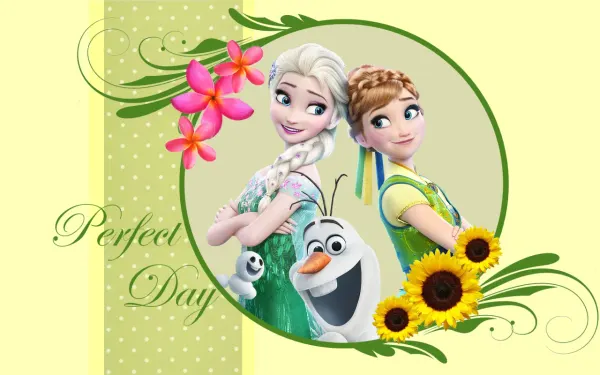 Obdélníkový jedlý obrázek na dort – Frozen, Elsa, Anna a nápis Perfect Day (zelená, žlutá, růžová)