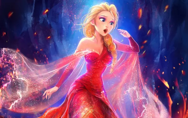 Obdélníkový jedlý obrázek na dort – Frozen, Ohňová princezna v červených šatech (červená, modrá, žlutá)
