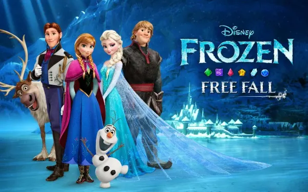 Obdélníkový jedlý obrázek na dort – Frozen, Všichni hrdinové u zámku Arendelle (modrá, tyrkysová, bílá)