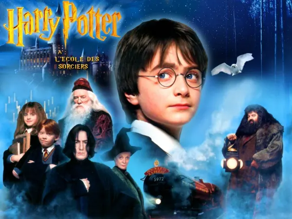 Obdélníkový jedlý obrázek na dort – Harry Potter, filmová koláž s expresem a hradem (modrá, černá, žlutá)