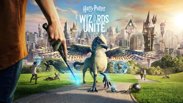 Obdélníkový jedlý obrázek na dort – Harry Potter, osvobození hipogrifa v parku (modrá, zelená, hnědá)