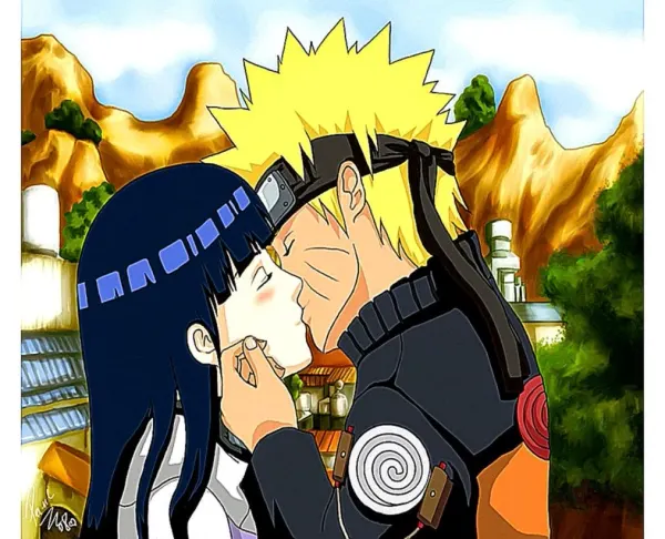 Obdélníkový jedlý obrázek na dort – Naruto, romantická scéna s Hinatou (žlutá, modrá, hnědá)