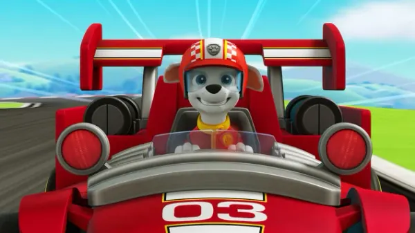 Obdélníkový jedlý obrázek na dort – Paw Patrol, Marshall v závodním autě č. 3 (červená, modrá, bílá)