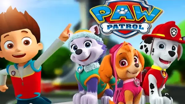Obdélníkový jedlý obrázek na dort – Paw Patrol, Ryder, Everest, Skye a Marshall (červená, modrá, tyrkysová)