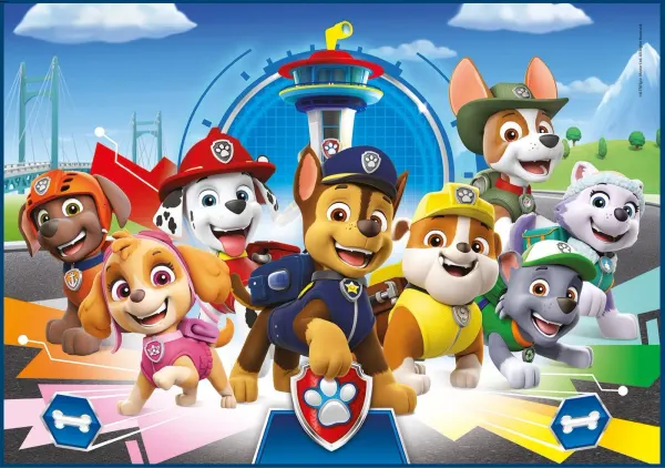 Obdélníkový jedlý obrázek na dort – Paw Patrol, celá parta pejsků u věže (modrá, červená, zelená)