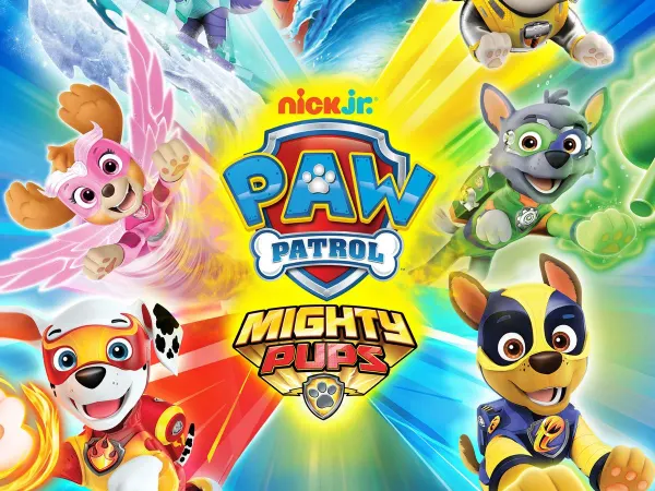 Obdélníkový jedlý obrázek na dort – Paw Patrol, Mighty Pups se superschopnostmi (modrá, červená, žlutá)