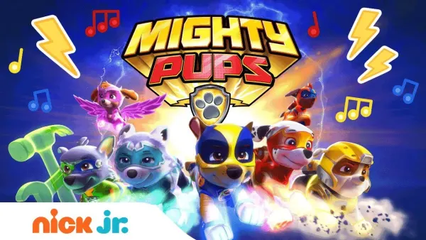 Obdélníkový jedlý obrázek na dort – Paw Patrol, Mighty Pups s blesky a notami (modrá, žlutá, červená)