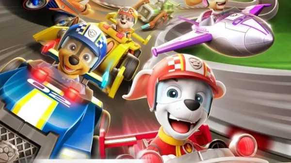 Obdélníkový jedlý obrázek na dort – Paw Patrol, závodní Marshall, Chase a Rubble (červená, modrá, žlutá)