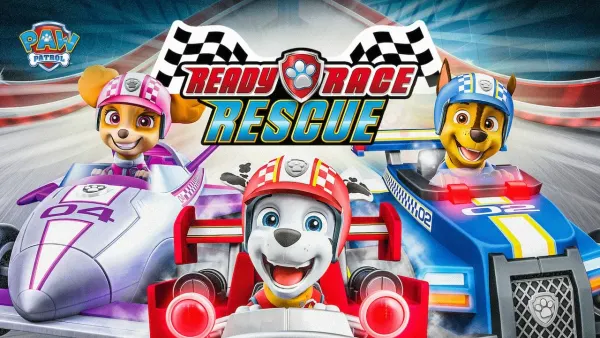 Obdélníkový jedlý obrázek na dort – Paw Patrol, Ready Race Rescue se šachovnicí (modrá, červená, růžová)