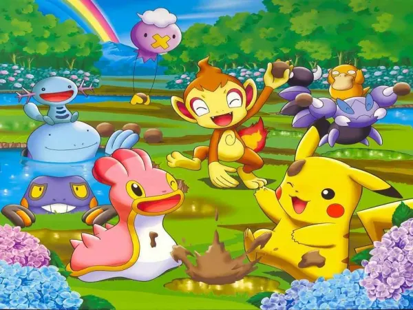 Obdélníkový jedlý obrázek na dort – Pokémon, Pikachu u vody mezi hortenziemi (zelená, žlutá, modrá)