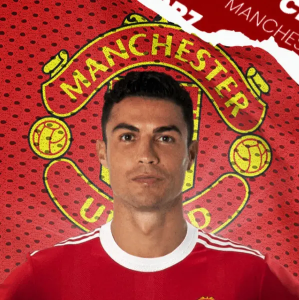 Obdélníkový jedlý obrázek na dort – Ronaldo, Manchester United v dresu se znakem (červená, žlutá, bílá)