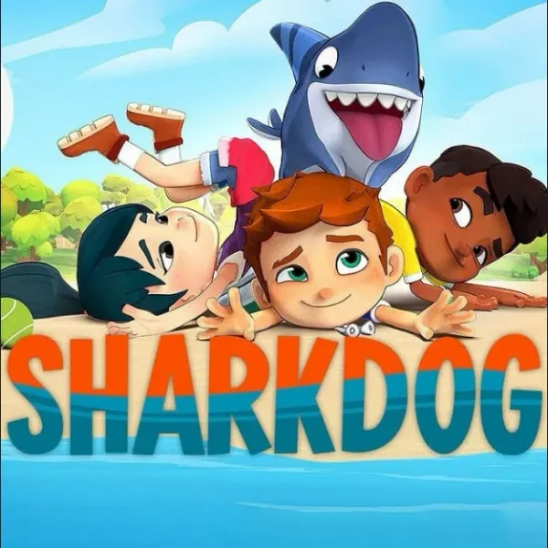 Obdélníkový jedlý obrázek na dort – Sharkdog, s kamarády na pláži a nápis (modrá, červená, zelená)