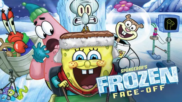 Obdélníkový jedlý obrázek na dort – SpongeBob, zimní jízda a Frozen Face-Off (modrá, bílá, žlutá)