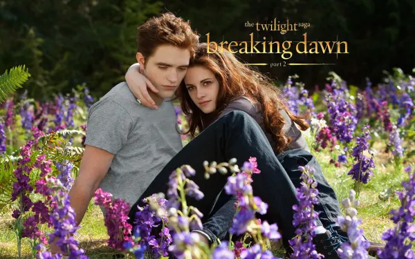 Obdélníkový jedlý obrázek na dort – Stmívání, Edward a Bella na kvetoucí louce (fialová, zelená, modrá)